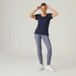 Camiseta Fitness Manga Corta Cuello Redondo Algodón Extensible Mujer Azul Marino -Equipo De Fitness camiseta fitness manga corta cuello redondo algodon extensible mujer azul marino 2