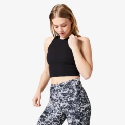 Camiseta Fitness Tirantes Crop Top Canalé 520 Mujer Negro