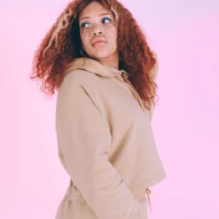 Sudadera Fitness Cropped Con Capucha Mujer Domyos Beige